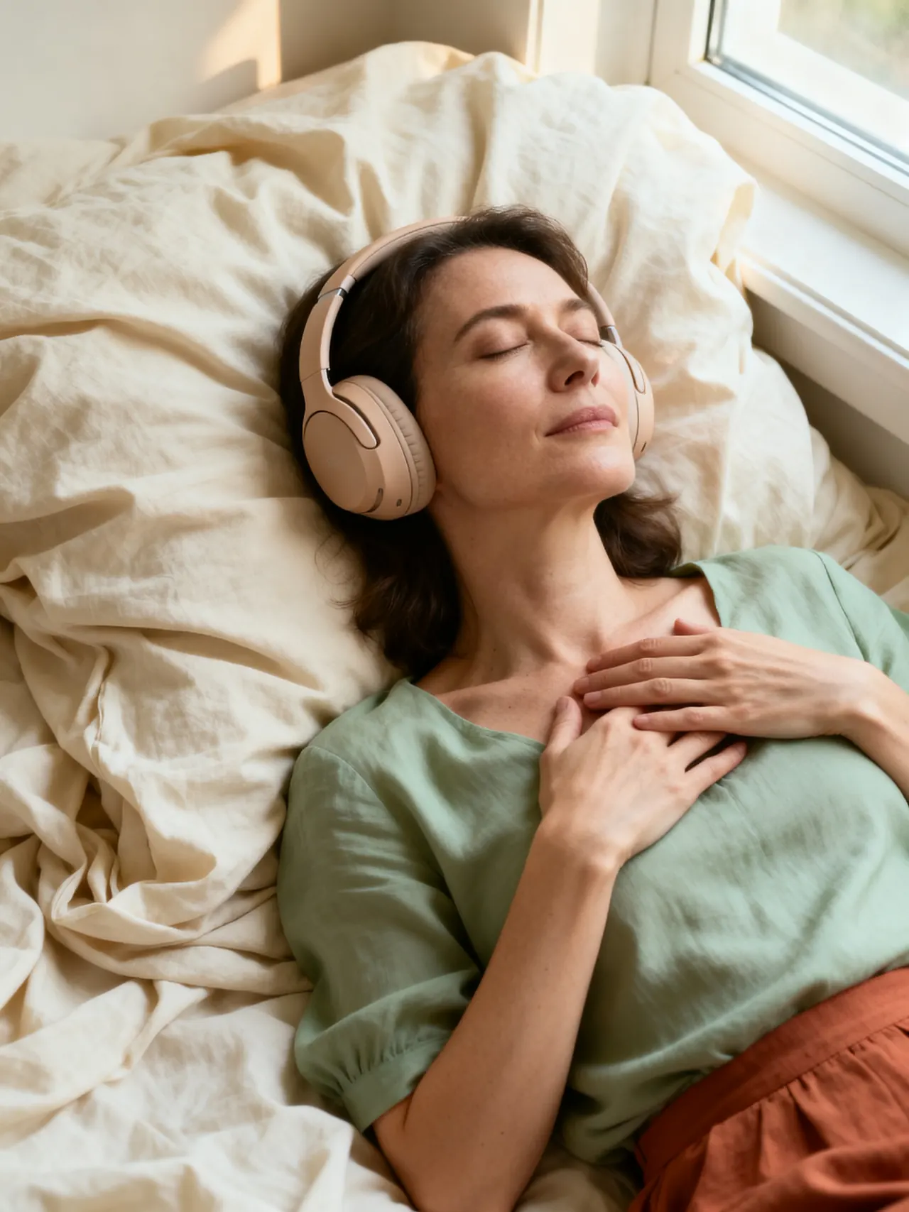 Mujer descansando con auriculares sobre sábanas de lino