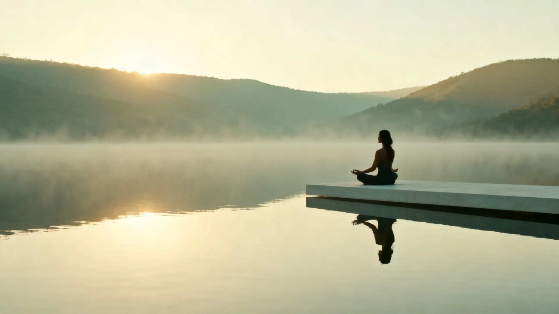 Mujer meditando sobre una plataforma en un lago con niebla al amanecer