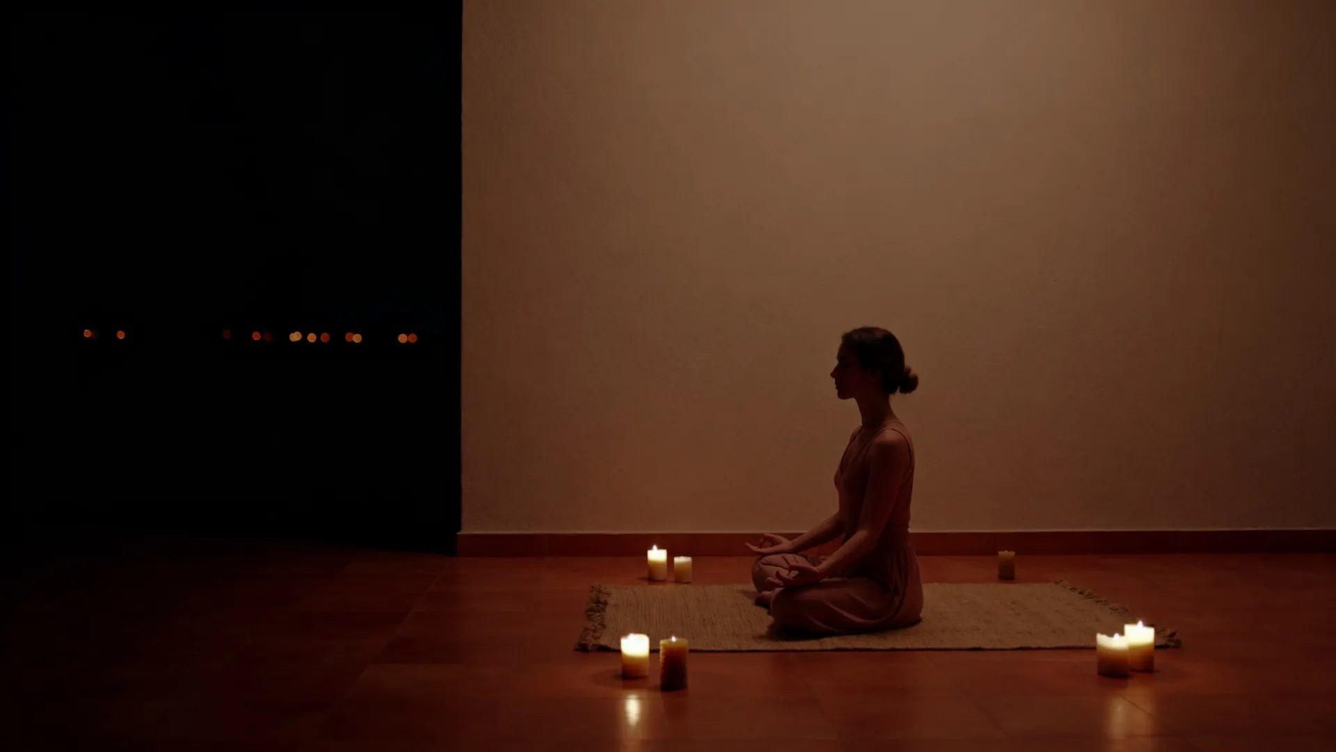 Mujer meditando rodeada de velas de noche