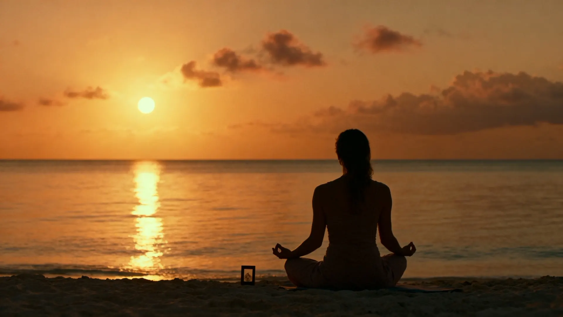 Mujer meditando en la orilla del mar al atardecer